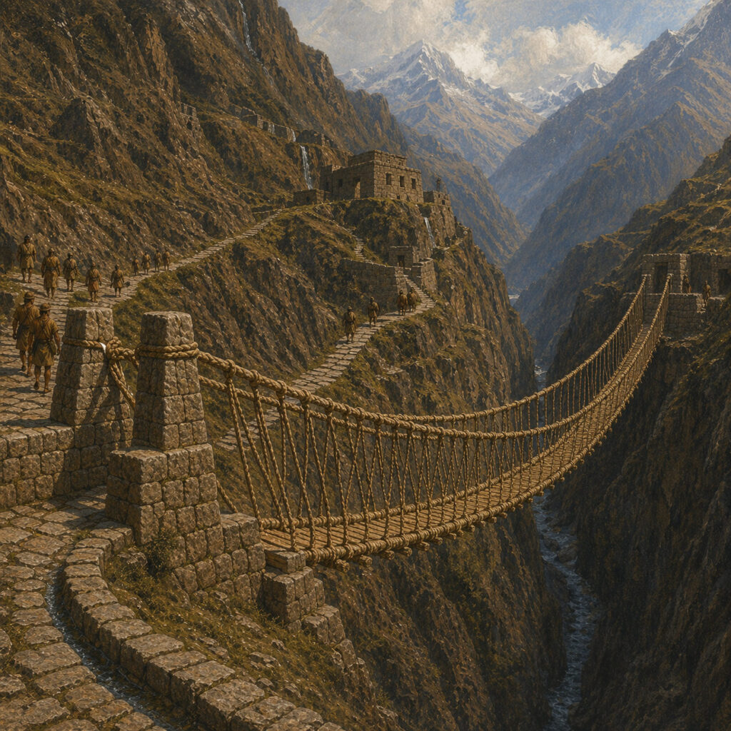 Ilustración histórica de un puente colgante inca de cuerdas sobre un desfiladero andino, conectado a caminos de piedra, viajeros y construcciones imperiales en la montaña.