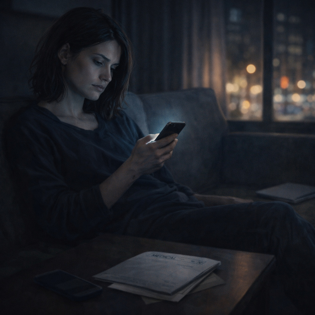 Mujer sentada en un sofá de noche mirando el celular mientras evita enfrentar una preocupación importante