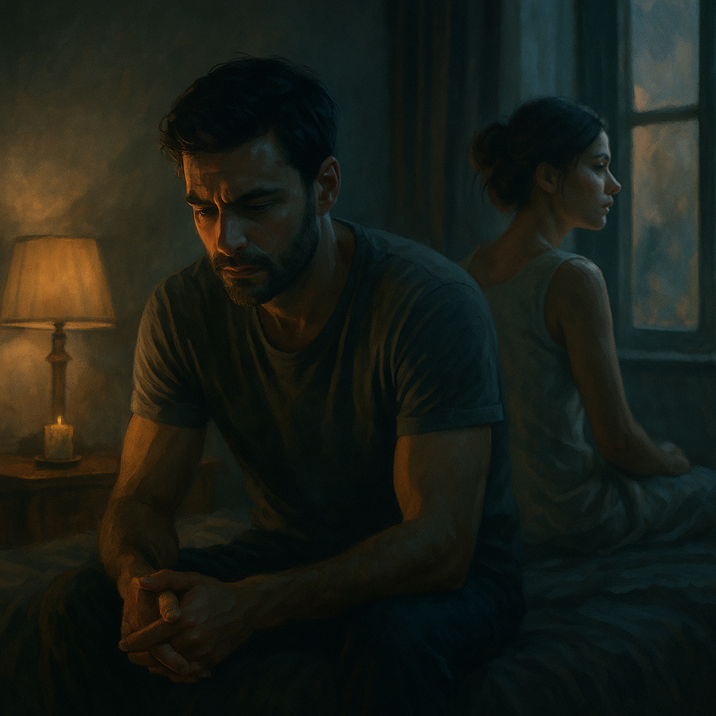 Pareja en silencio reflexionando si aún están enamorados.