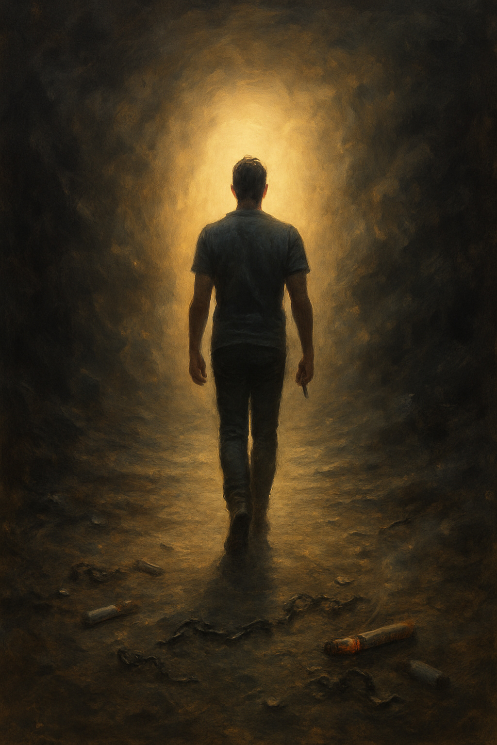 Hombre de espaldas saliendo de una nube de humo, iluminado por una luz cálida, representando el renacimiento personal tras dejar de fumar