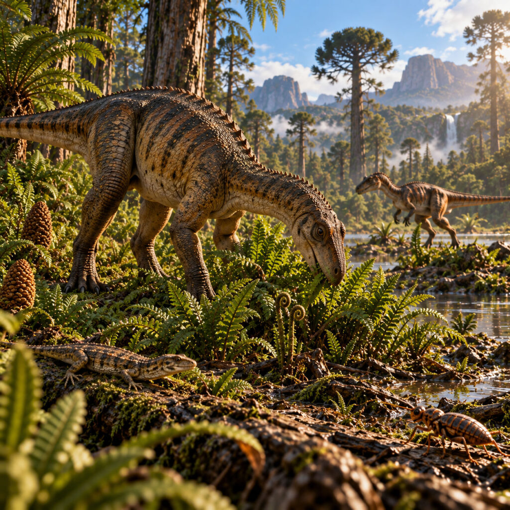 Dinosaurio herbívoro y pequeño terópodo en un ecosistema del Triásico