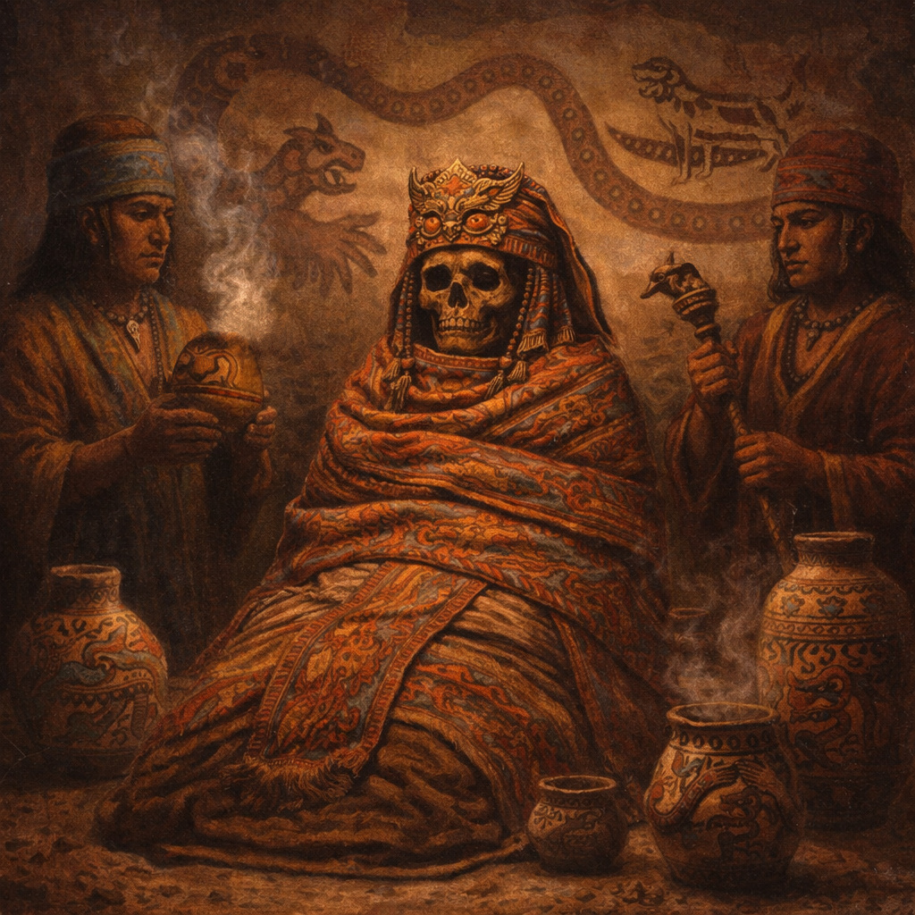 Escena ritual de la Civilización Nazca con una noble momificada, oficiantes ceremoniales y cerámica decorada con símbolos animales en un espacio sagrado.