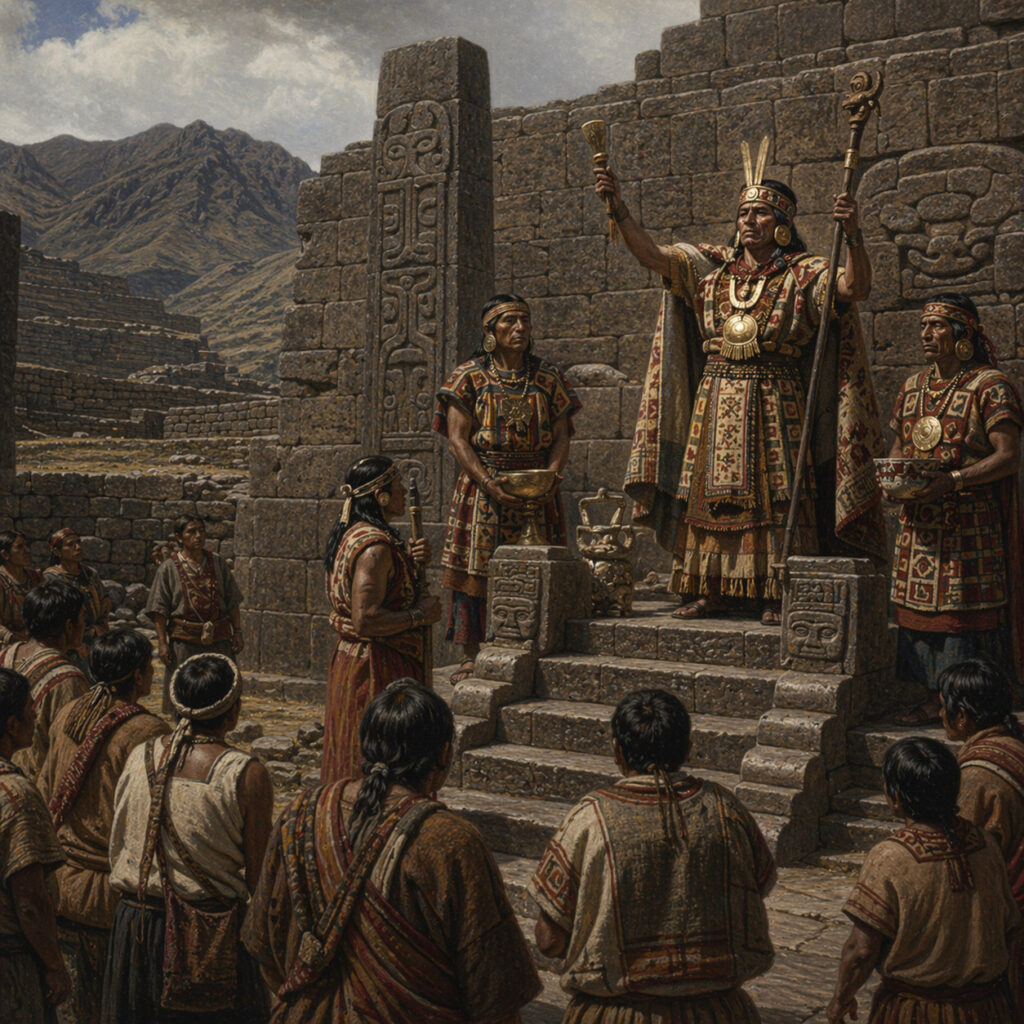 Sacerdote chavín dirigiendo una ceremonia religiosa en un templo de piedra, rodeado por élites y población común en Chavín de Huántar.