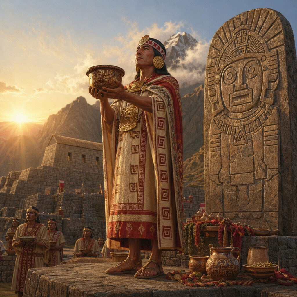 Ilustración histórica de un sacerdote inca con indumentaria ritual tradicional elevando una ofrenda en un santuario de piedra, junto a una estela sagrada, con asistentes, templo y montañas andinas al fondo.