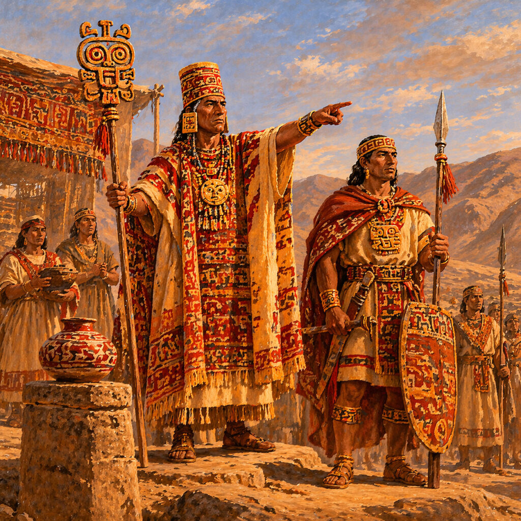 Sacerdote y noble guerrero de la cultura Paracas presidiendo una escena ceremonial en el desierto costero del sur del Perú.