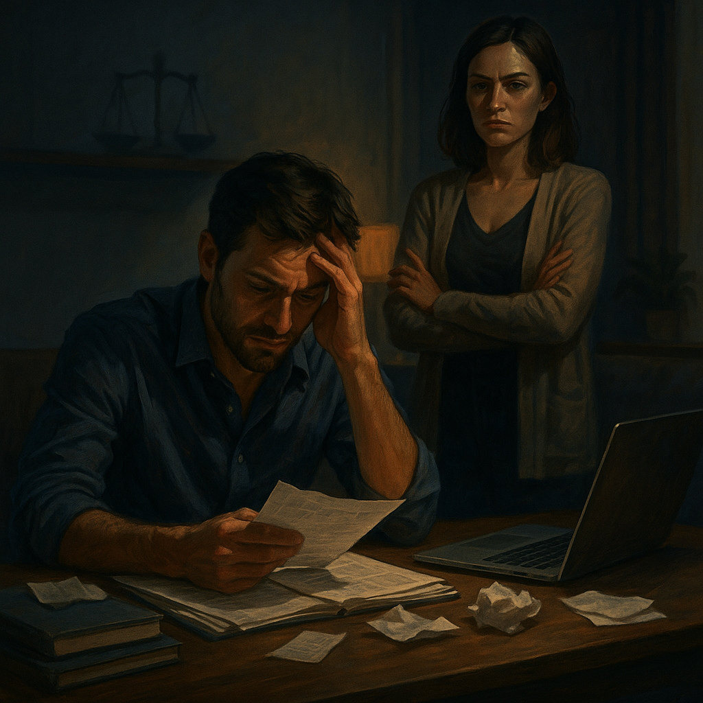 Hombre abatido frente a una mesa con proyectos mientras su pareja lo observa con indiferencia, simbolizando los sacrificios injustos en una relación amorosa.