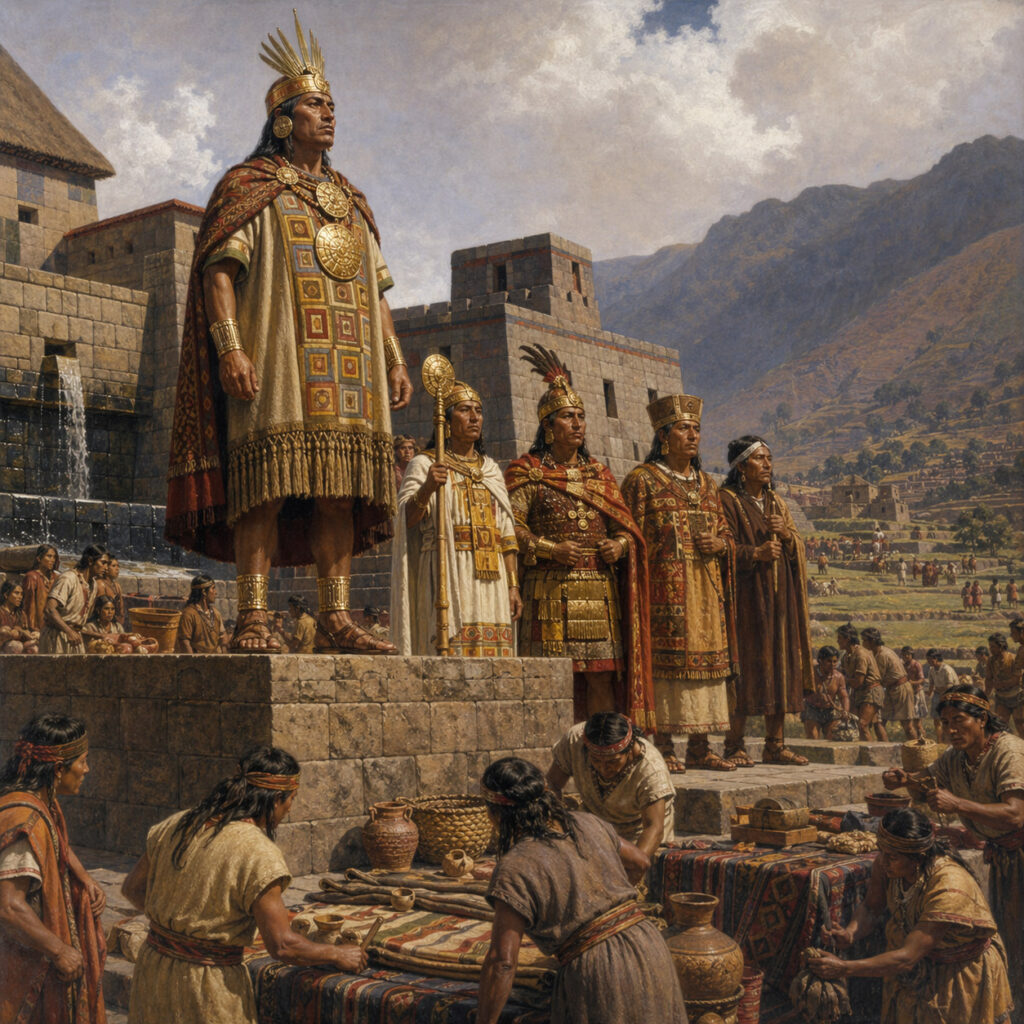 Ilustración histórica del Sapa Inca sobre una plataforma de piedra, rodeado por miembros de la élite inca, mientras artesanos y campesinos trabajan en distintos niveles de la escena.