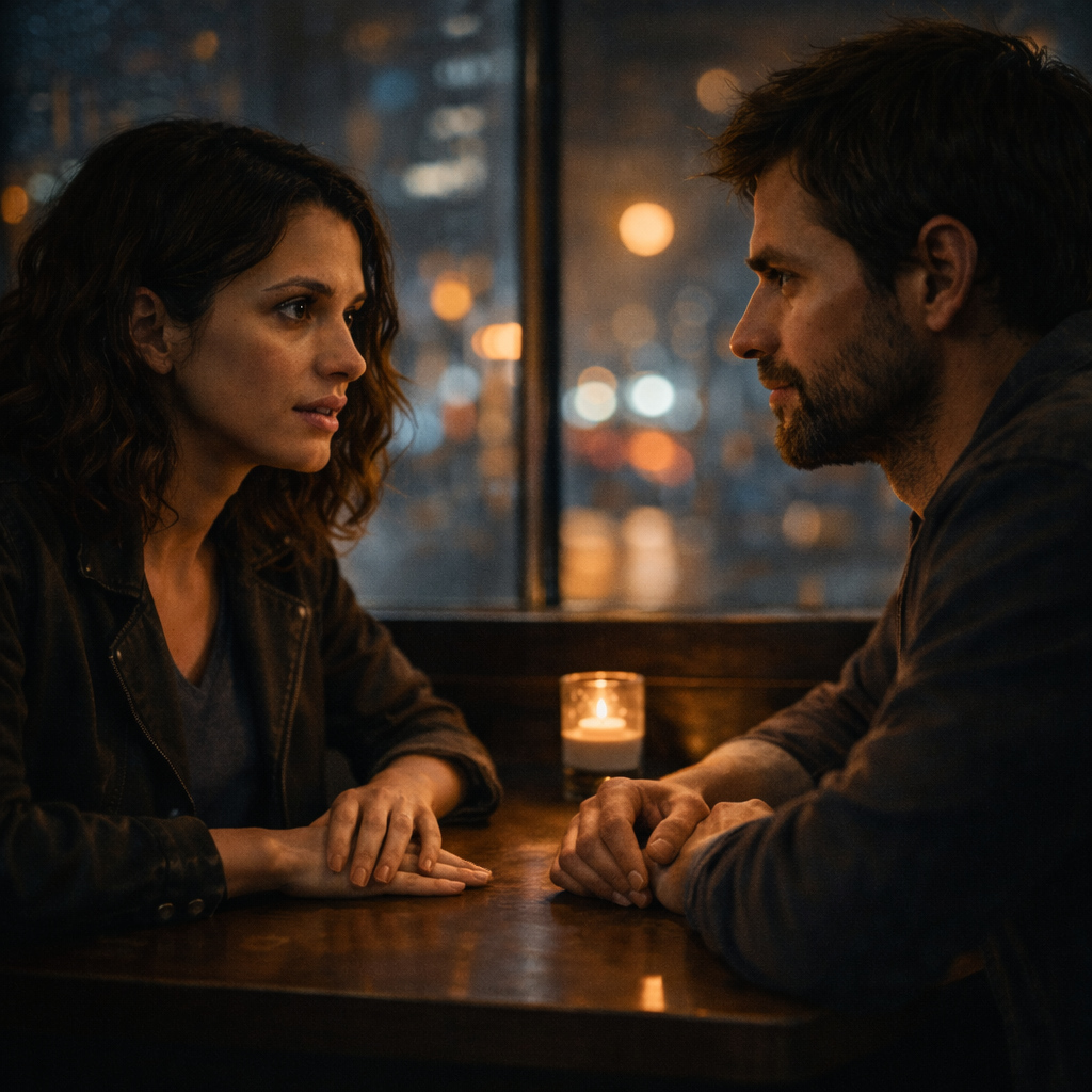 Pareja en conversación íntima de noche mostrando autenticidad, vulnerabilidad y escucha sin juicio
