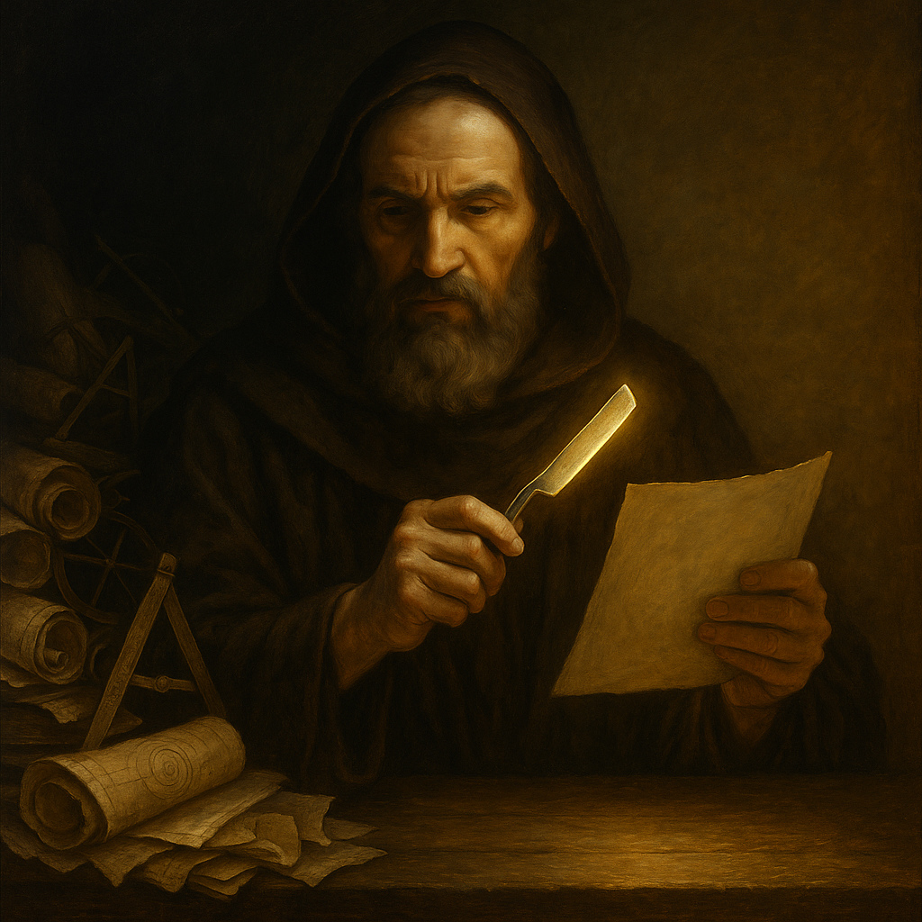 Pintura al óleo realista que simboliza la simplicidad en la filosofía de Guillermo de Ockham, mostrando la reducción de elementos innecesarios.