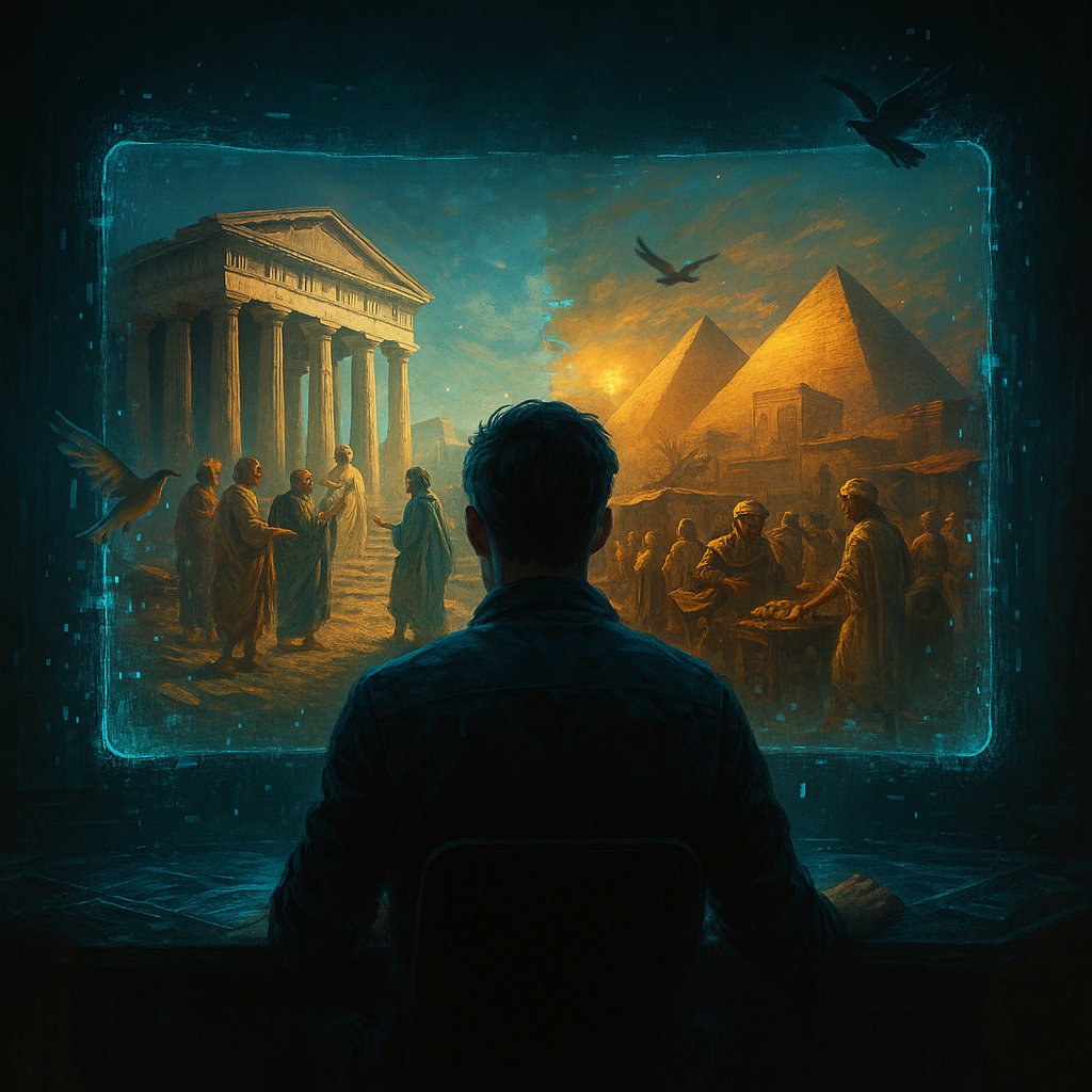 Ilustración cinematográfica de un hombre observando una pantalla holográfica que muestra escenas de la Grecia clásica y el Antiguo Egipto con efecto glitch.