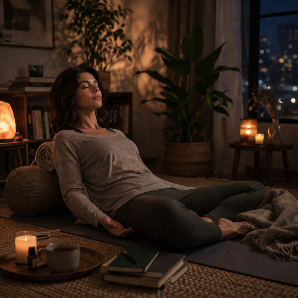 Mujer practicando yoga restaurativo en una habitación cálida y tranquila para reducir el estrés