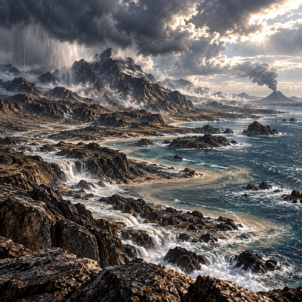 Paisaje de la Tierra arcaica con montañas, lluvias intensas y erosión de las rocas