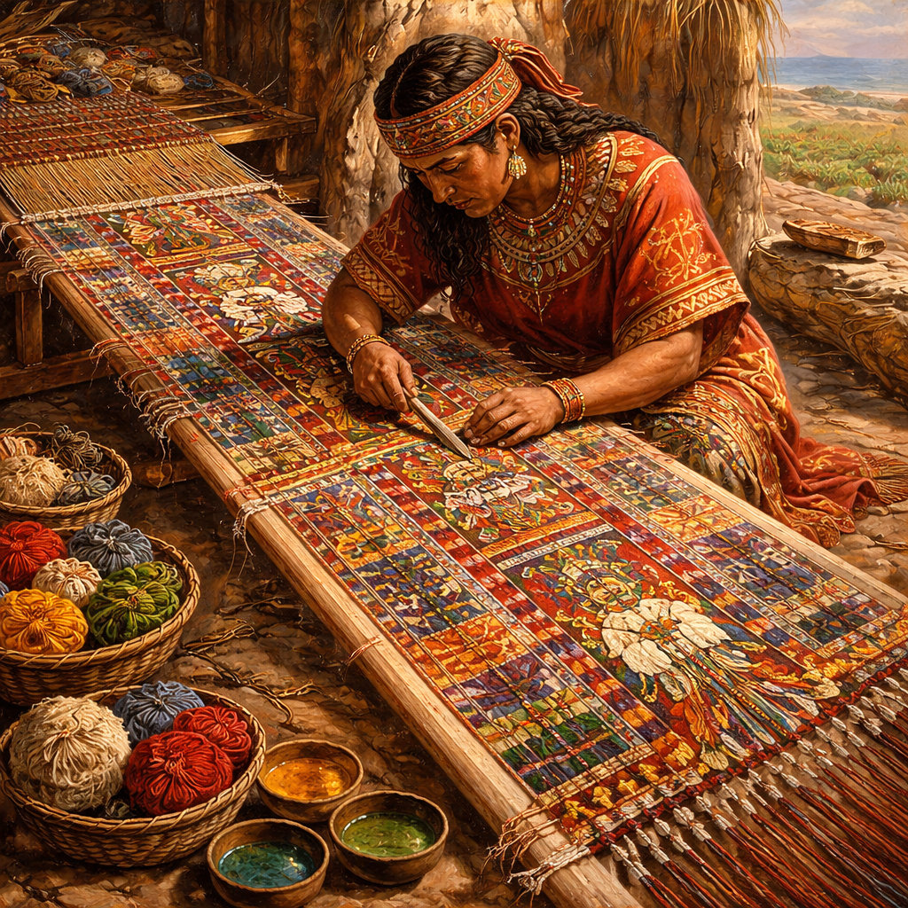 Tejedora de la cultura Paracas trabajando un manto textil de gran colorido y simbolismo con fibras y tintes naturales.