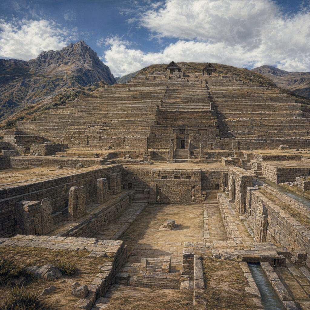 Reconstrucción histórica del templo de Chavín de Huántar con plaza cuadrangular hundida, arquitectura de piedra y canales en los Andes peruanos.