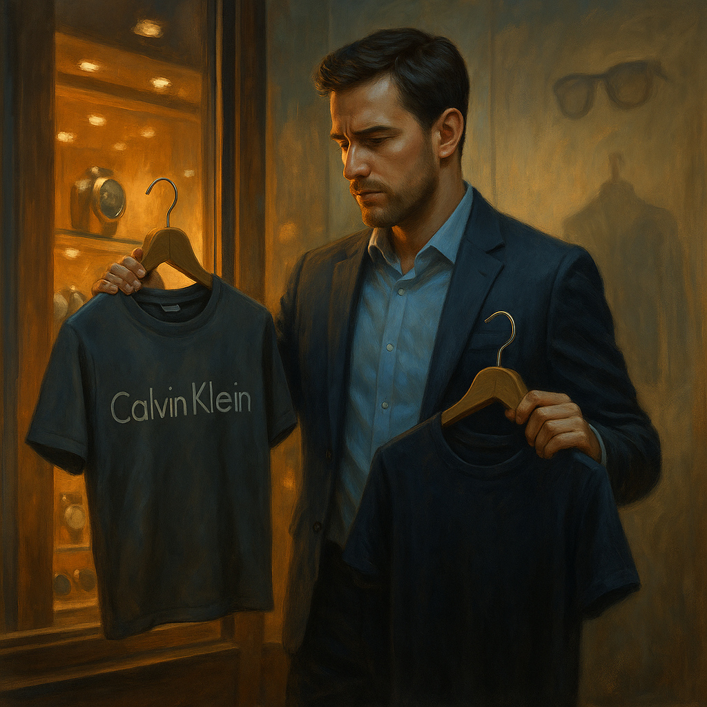 Joven profesional de 30-35 años frente a un escaparate con prendas y productos de lujo, ilustrando el vínculo entre testosterona y consumo masculino en la elección de marcas de prestigio.