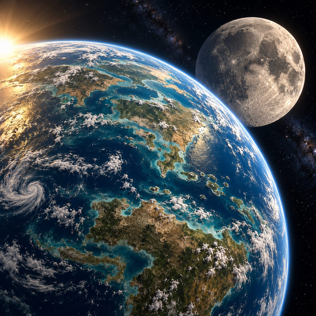 Tierra del Cretácico vista desde el espacio con la Luna más cercana
