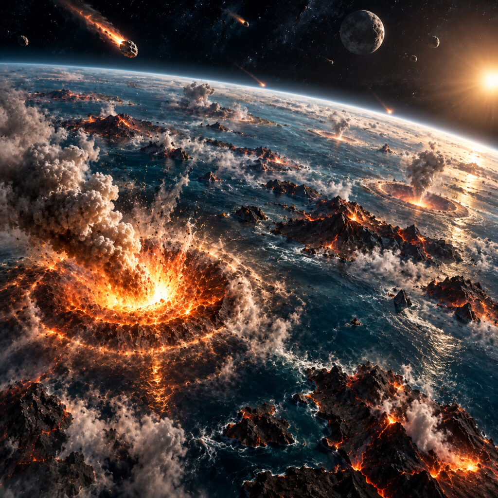 Tierra primitiva vista desde el espacio durante un período de intensos impactos de asteroides y actividad volcánica