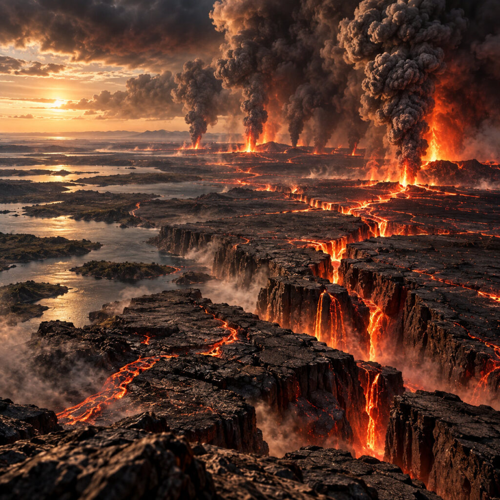 Las Trampas Siberianas cubiertas de lava y grandes columnas volcánicas durante el Pérmico