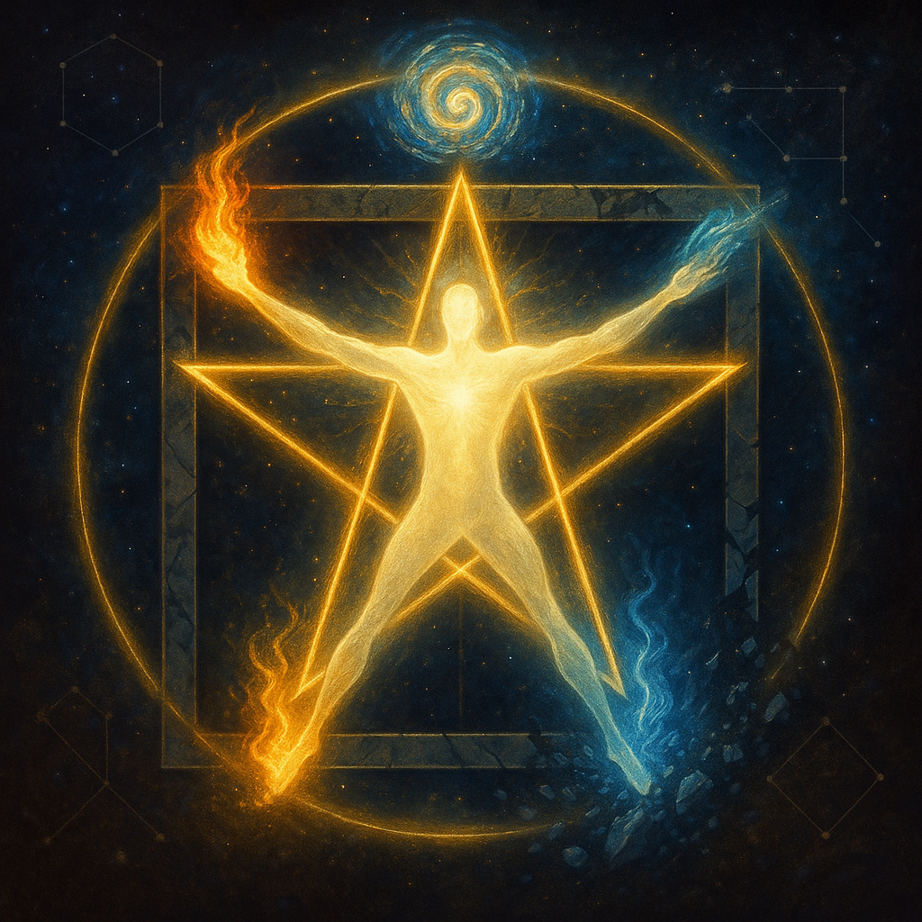 Ilustración mística que representa el ascenso espiritual desde el Cuatro, símbolo de la materia, hasta el Cinco, símbolo de maestría y armonía con los elementos.