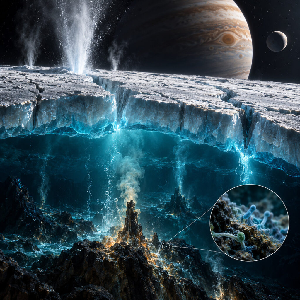 Océano subterráneo bajo el hielo de una luna con fuentes hidrotermales