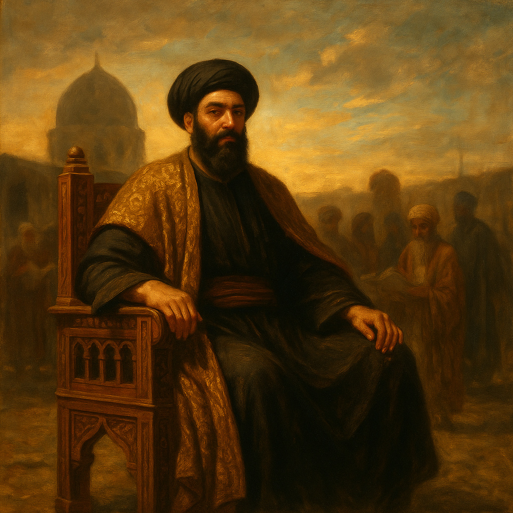 Pintura al óleo realista de Abu al-Abbás, primer califa abasí, sentado en un trono decorado, con fondo de cúpulas y sabios reunidos en Bagdad durante el siglo VIII.