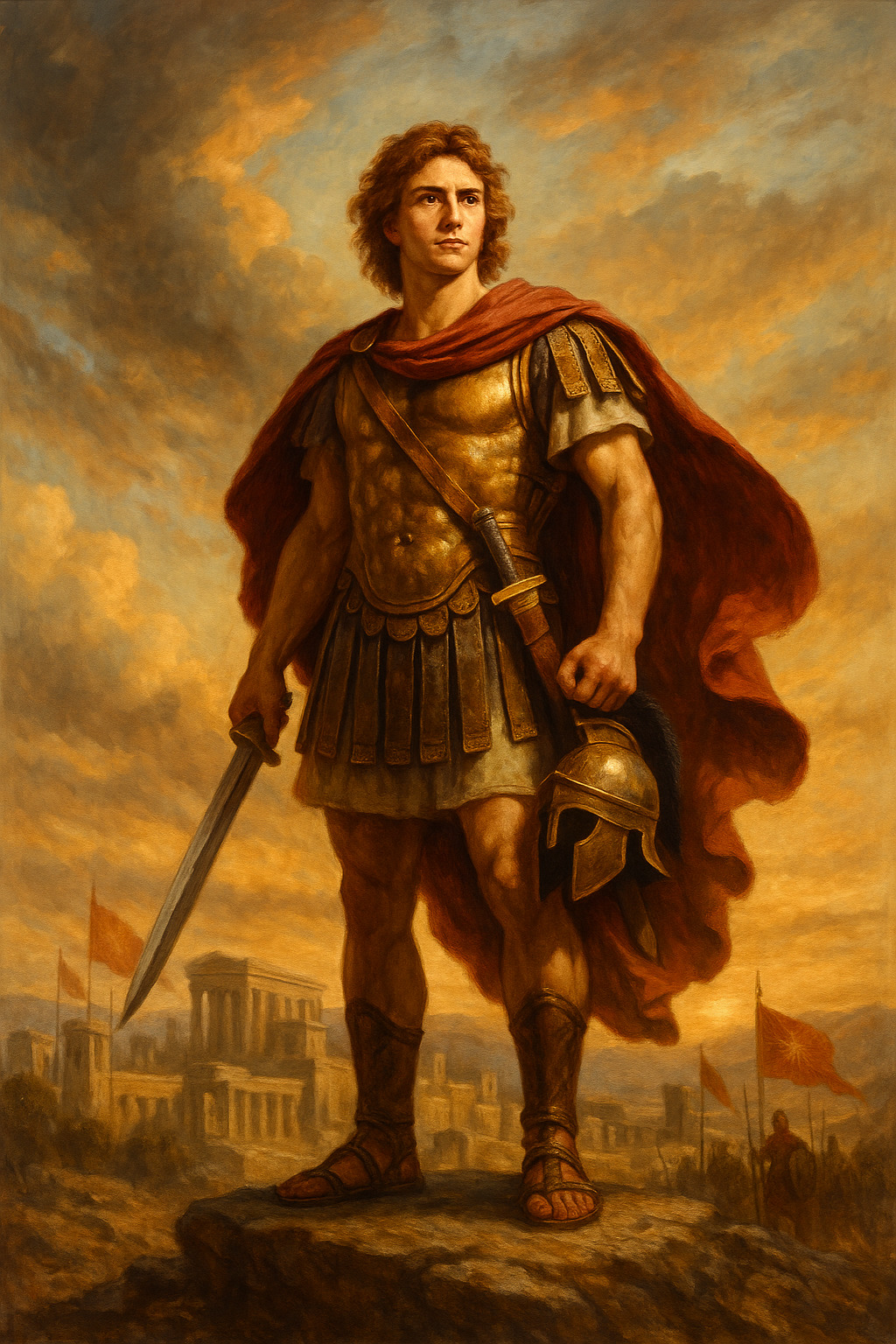 Pintura de Alejandro Magno con armadura macedonia, de pie frente a una ciudad conquistada del Levante, con su ejército al fondo, simbolizando el inicio de la época helenística.
