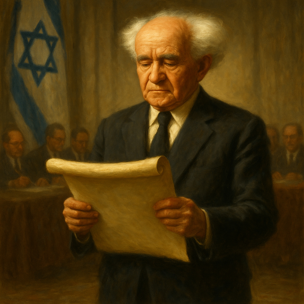 Retrato de David Ben-Gurión leyendo la declaración de independencia del Estado de Israel en 1948, con fondo difuminado de líderes israelíes firmando el documento, en estilo pintura al óleo realista.