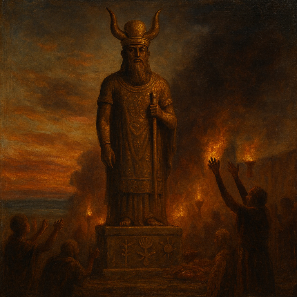 Pintura al óleo de un dios fenicio con cuernos, de pie sobre un pedestal adornado con símbolos, rodeado de fenicios que lo veneran con antorchas al atardecer.