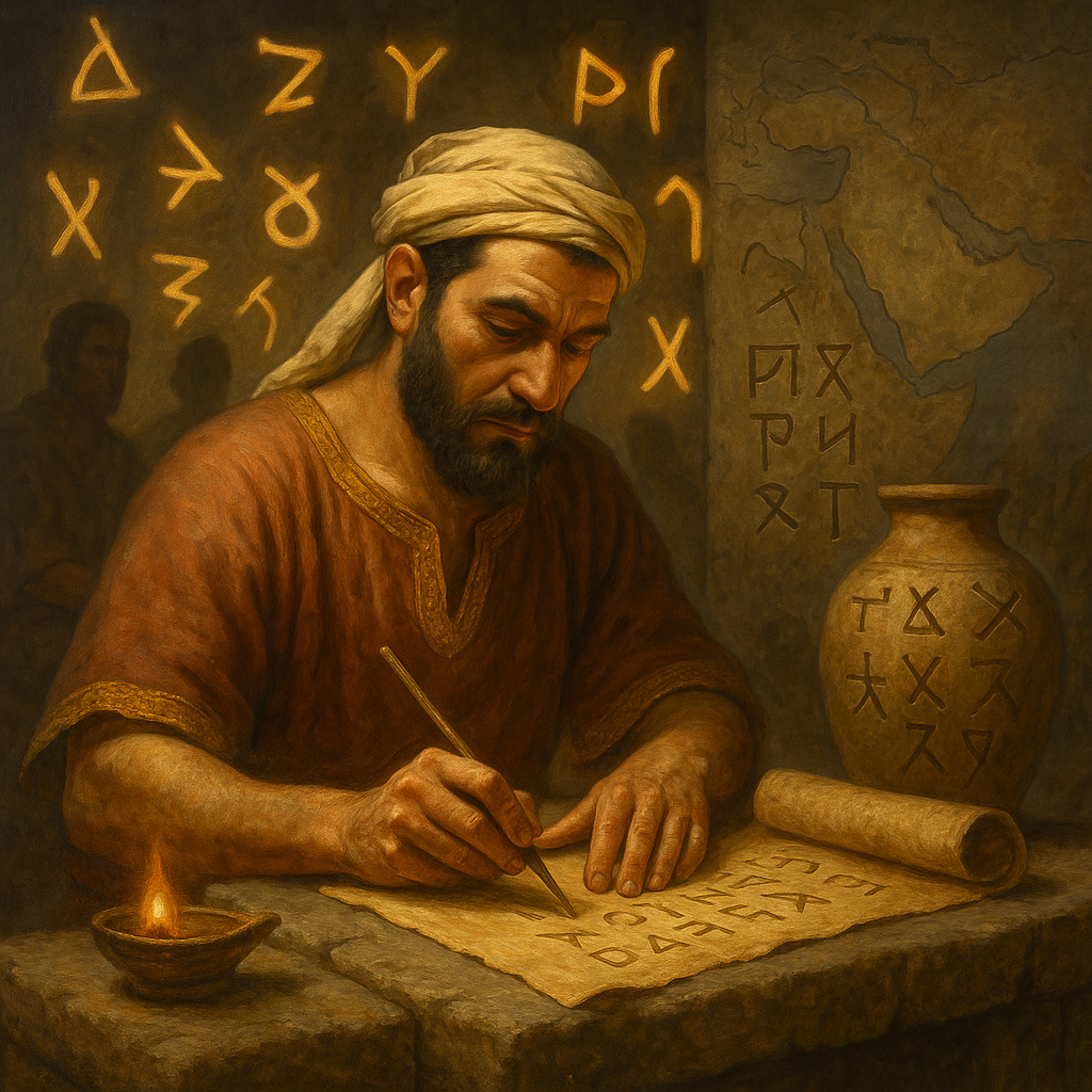 Pintura al óleo de un sabio fenicio tallando símbolos del alfabeto en una tablilla de piedra, con escribas observando al fondo como siluetas. Representación histórica del nacimiento del alfabeto fenicio en la antigüedad.