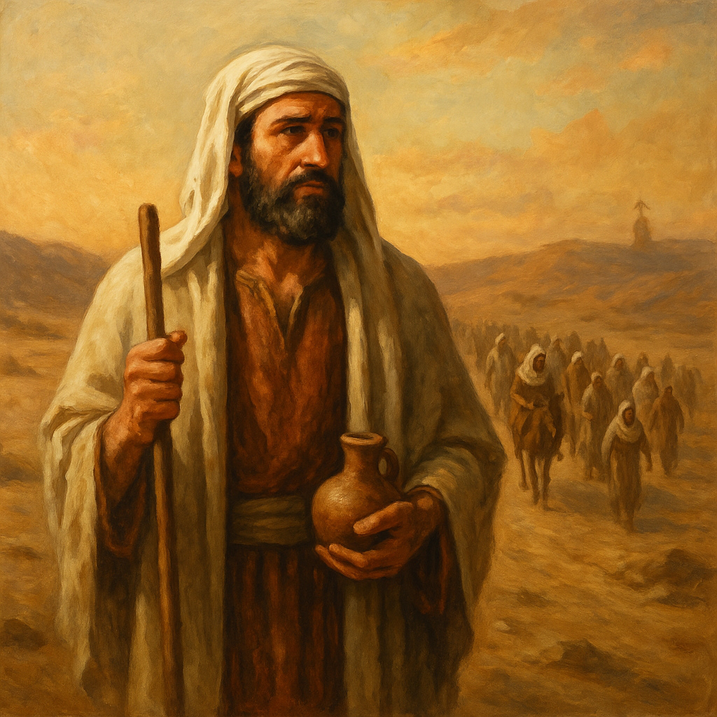 Pintura de un judío exiliado en el desierto con una caravana al fondo, simbolizando el regreso a Jerusalén tras el edicto de Ciro II en el periodo persa de Yehud Medinata.