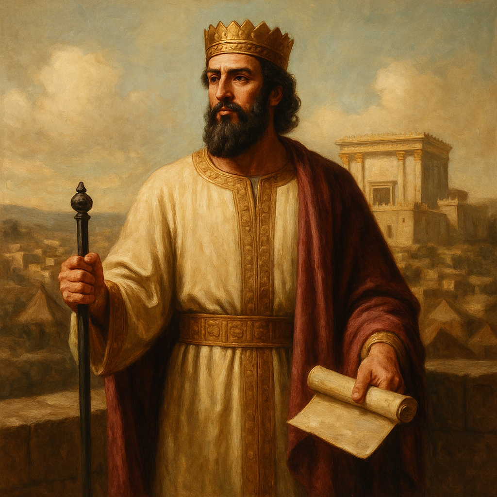 Pintura del rey Salomón con corona y planos del templo, de pie frente a Jerusalén, simbolizando la consolidación del Reino de Judá y la construcción del Primer Templo.