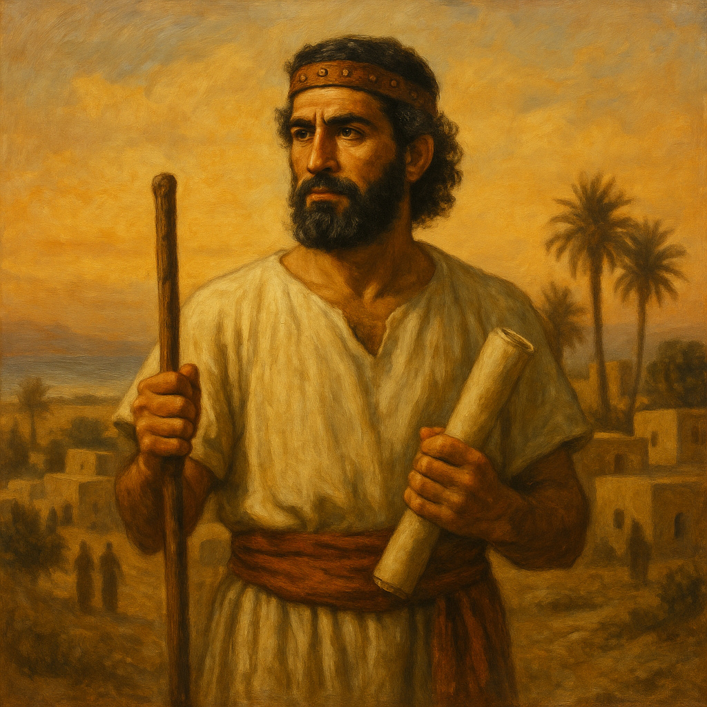Pintura al óleo de un líder cananeo con rasgos semitas, de pie en una tierra fértil entre el Mediterráneo y el río Jordán, con viviendas antiguas al fondo y símbolo de conocimiento en la mano.