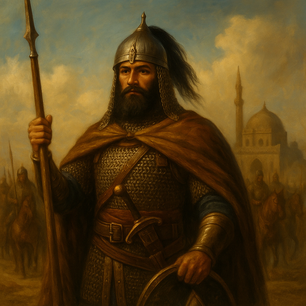Pintura realista al óleo de un guerrero mameluco con armadura y lanza, frente a un grupo de jinetes y una mezquita en El Cairo durante el Sultanato Mameluco.