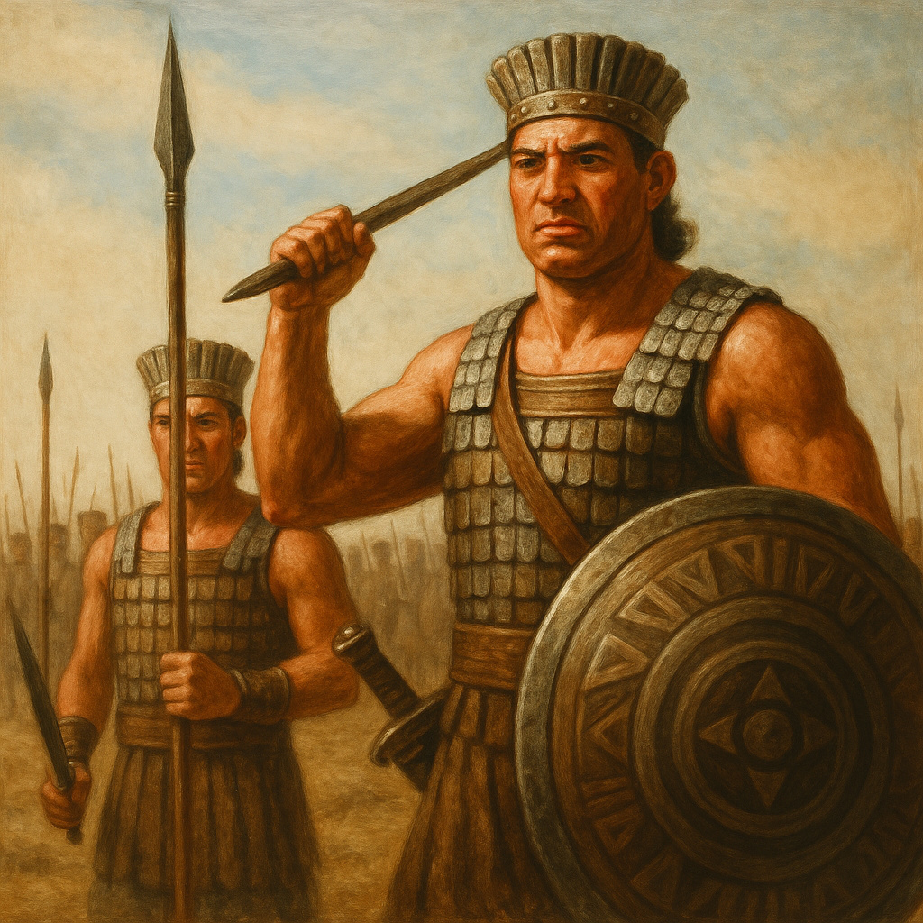 Pintura al óleo de dos guerreros filisteos con armadura de bronce y escudo decorado, al frente de un ejército en formación, con un ejército al fondo, en una escena de la Edad del Bronce en el Levante Mediterráneo.