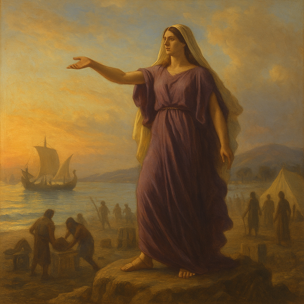 Pintura de la reina Dido en el momento de la fundación de Cartago. Muestra a la líder fenicia señalando la costa donde se establecerá la colonia, mientras navegantes y colonos fenicios aparecen difuminados al fondo, en un paisaje costero del norte de África.