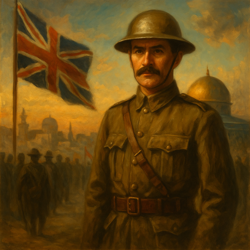 Pintura al óleo de un oficial británico frente a la bandera del Reino Unido durante el Mandato Británico de Palestina, con cúpulas y figuras en el fondo.