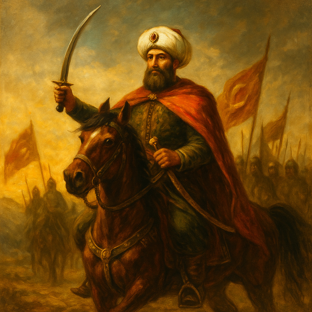 Pintura al óleo de Selim I montado a caballo, sosteniendo una cimitarra tras la Batalla de Marj Dabiq, con soldados otomanos al fondo y estandartes ondeando al atardecer.