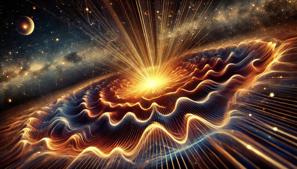 Ilustración conceptual que muestra el universo en sus primeros momentos después del Big Bang. La imagen muestra un estallido inicial de energía que se expande rápidamente hacia afuera, con ondas ondulantes y patrones que simbolizan fluctuaciones cuánticas. El fondo es un vacío cósmico oscuro, con colores cálidos como naranja, amarillo y dorado que irradian hacia afuera, combinados con tonos más fríos como el azul y el negro para representar la rápida expansión del espacio. La escena transmite dinamismo y misterio, evocando el fenómeno de la inflación cósmica en un estilo visualmente artístico y científico.
