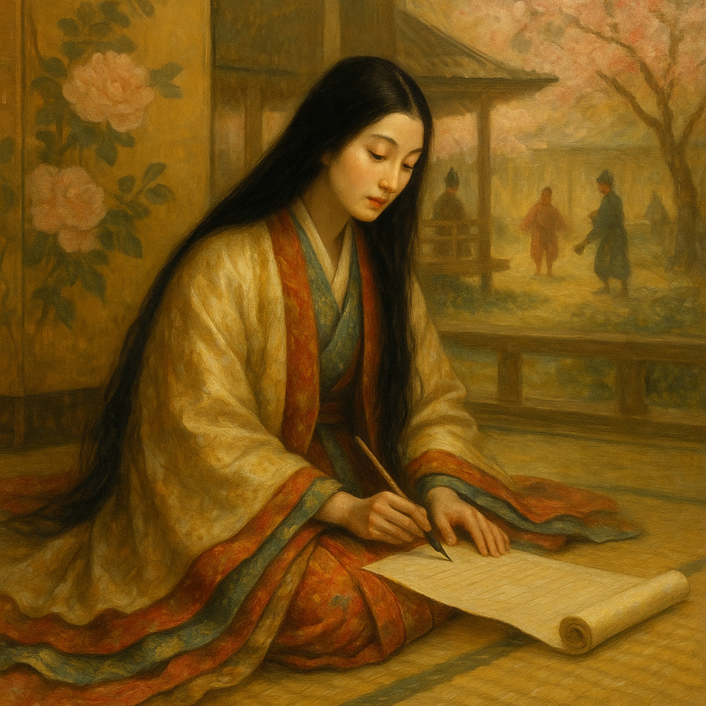 Dama aristocrática japonesa de la Era Heian escribiendo poesía en un jardín interior, representando la refinada cultura cortesana de Kioto.
