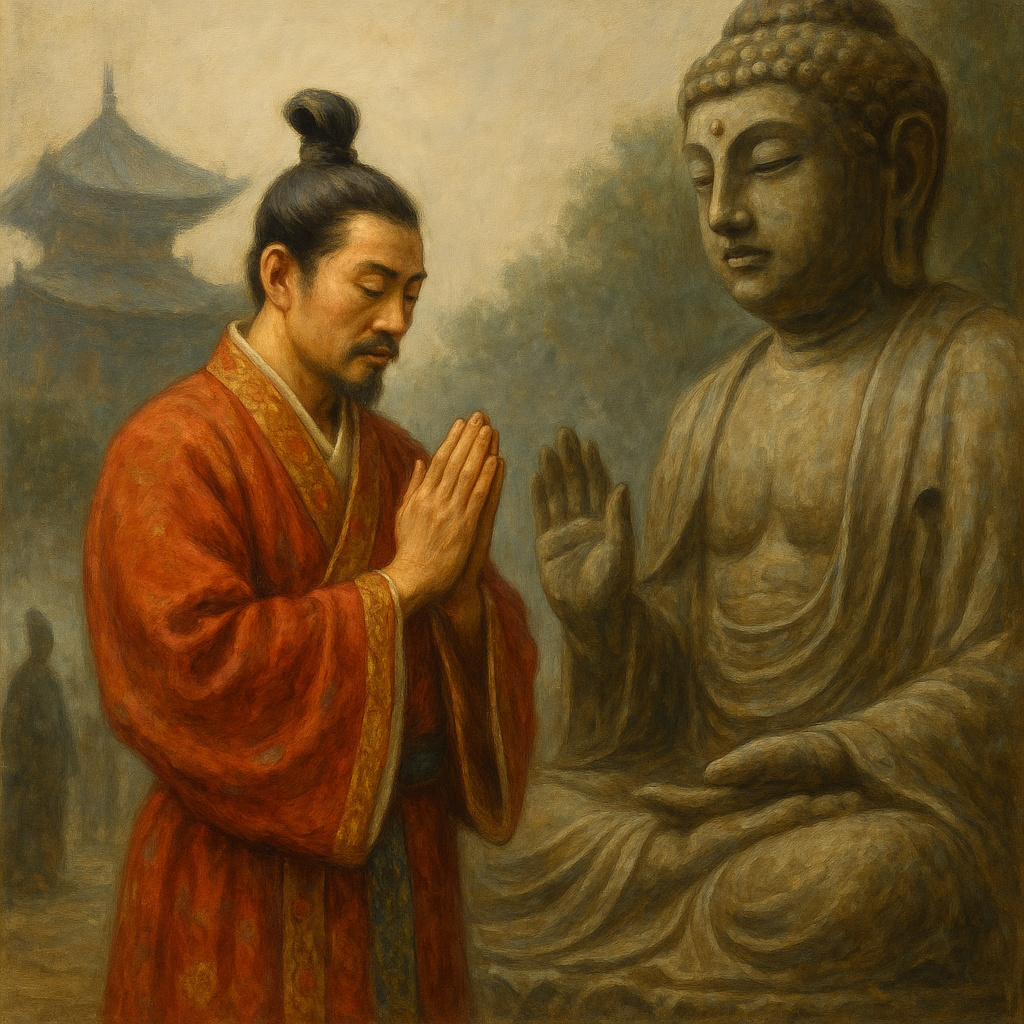 Cortesano japonés reverenciando una estatua de Buda durante la era Asuka, símbolo de la llegada del budismo y la transformación del Japón antiguo.