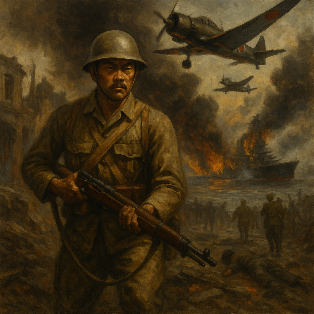 Soldado japonés avanzando entre ruinas en Nankín con el ataque a Pearl Harbor al fondo, representando la expansión militar de Japón en la Segunda Guerra Mundial.