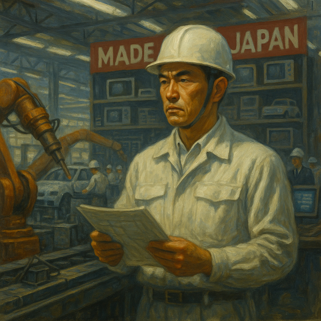 Ingeniero japonés supervisando una fábrica moderna durante el milagro económico japonés, símbolo de la reconstrucción industrial y tecnológica de Japón entre 1950 y 1989.