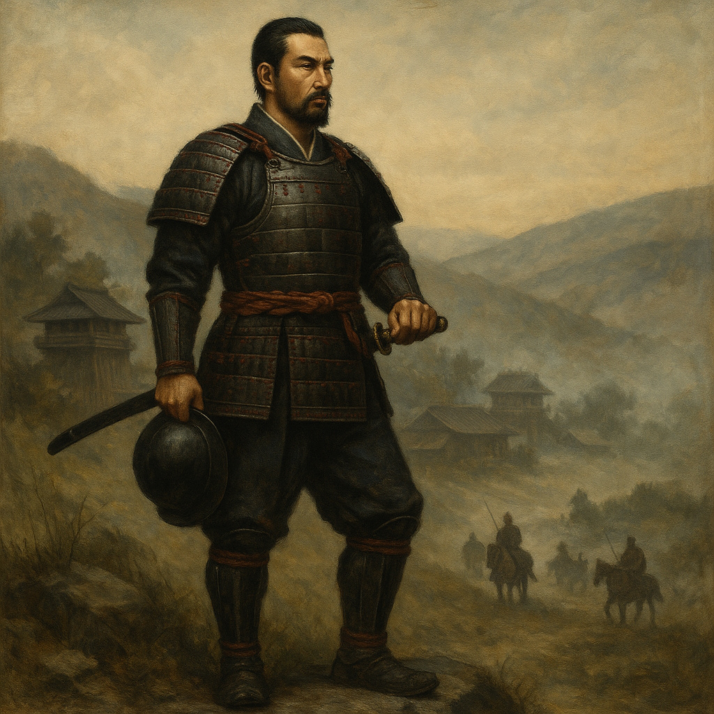 Guerrero samurái japonés observando el paisaje feudal emergente, símbolo del ascenso de los clanes guerreros y el inicio del feudalismo en Japón.
