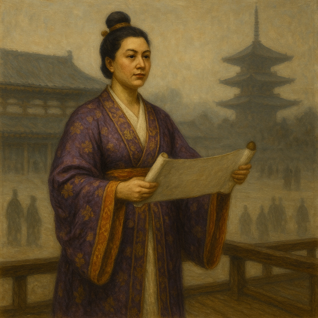 Retrato de la emperatriz Genmei durante el Período Nara, con el plano urbano de Heijō-kyō al fondo, símbolo del nacimiento del primer Estado centralizado japonés.