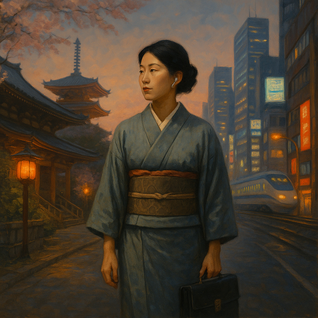 Mujer japonesa con kimono y maletín caminando entre un templo sintoísta y una ciudad moderna iluminada.