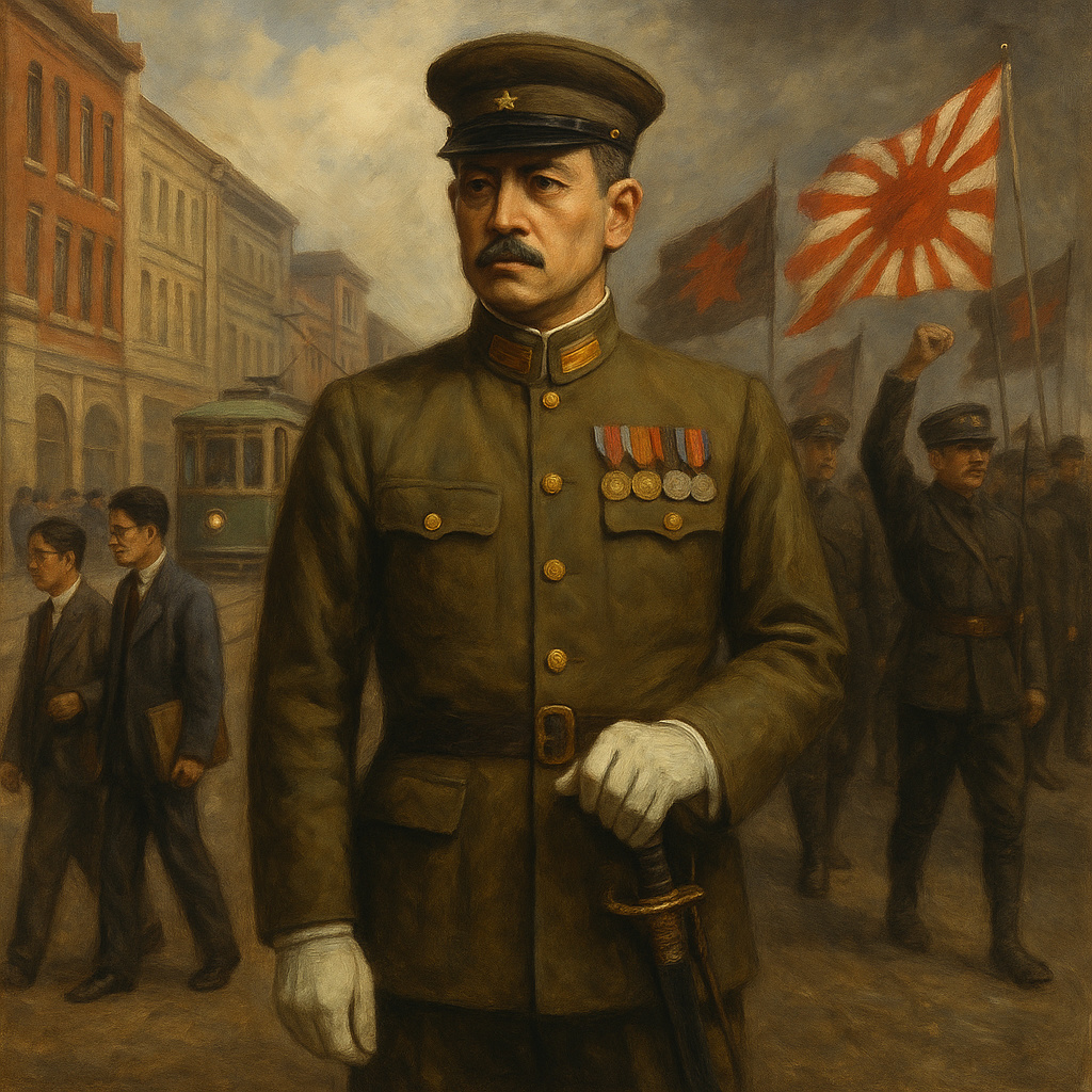 Oficial japonés entre una ciudad moderna y una manifestación nacionalista, símbolo de las tensiones entre apertura y autoritarismo en Japón entre 1912 y 1937.