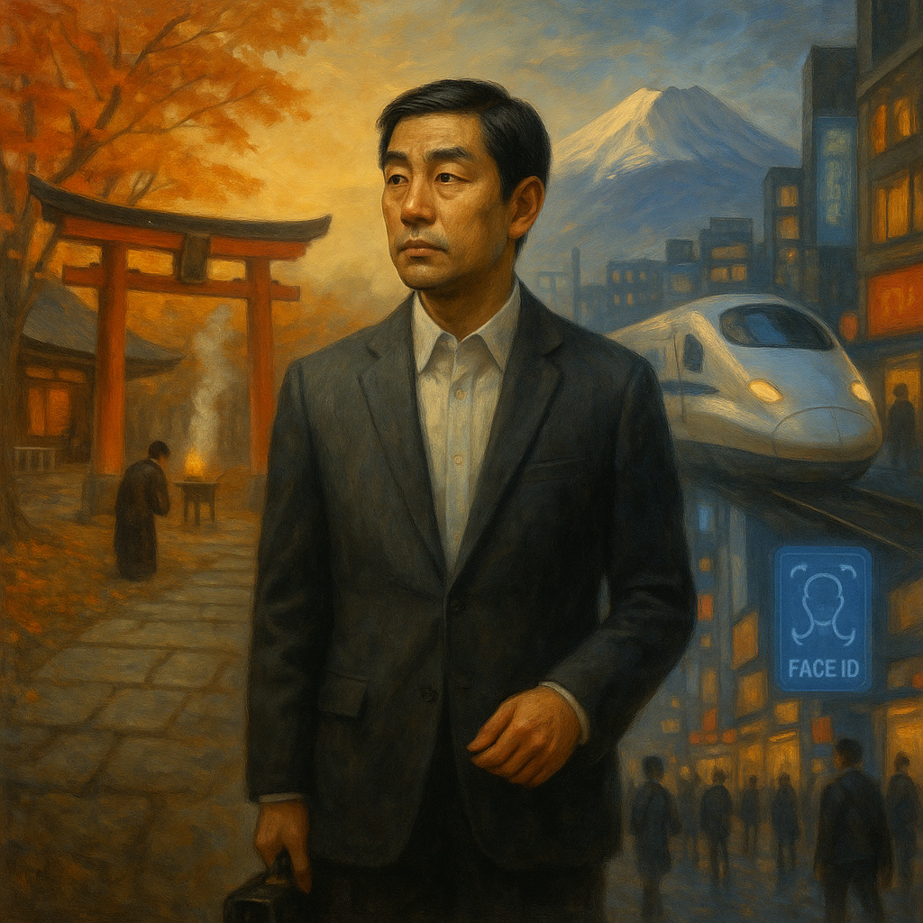 Hombre japonés moderno contemplando un paisaje dividido entre un templo antiguo y una ciudad tecnológica, símbolo de la paradoja cultural de Japón.