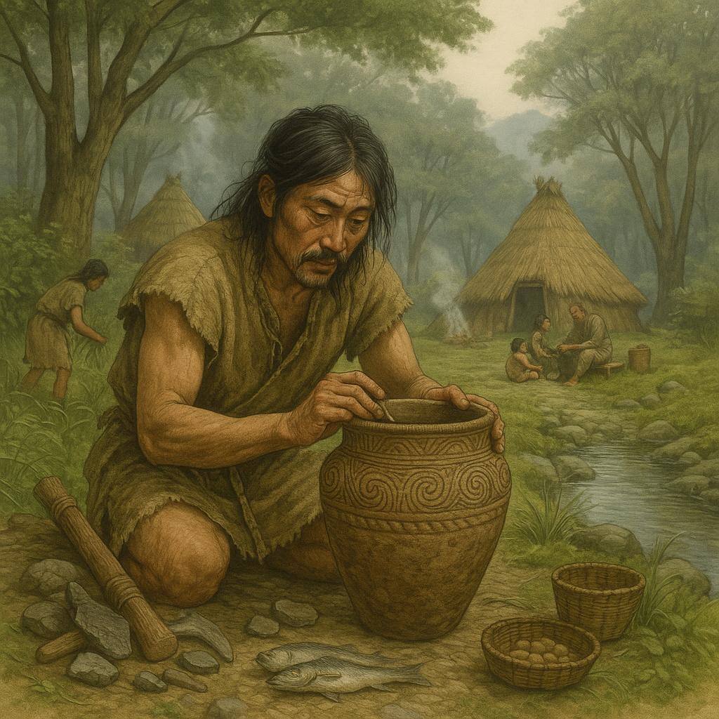 Escena realista de la era Jōmon en Japón, con pobladores japoneses prehistóricos modelando cerámica y recolectando alimentos en un entorno natural boscoso, junto a chozas primitivas y un río.