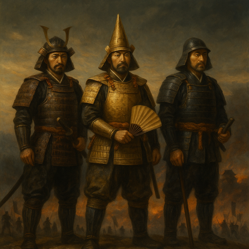 Oda Nobunaga, Toyotomi Hideyoshi y Tokugawa Ieyasu sobre un campo de batalla al final de la era Sengoku, símbolos de la unificación del Japón feudal.