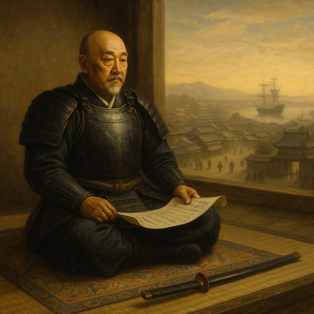 Tokugawa Ieyasu sentado en Edo durante el período Tokugawa, símbolo del orden interno, la paz prolongada y el aislamiento del Japón feudal.
